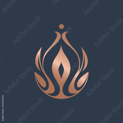 Candle fire, abstract lotus flower logo isolated on dark background.Mindfulness, relaxation, meditation icon. Elegant, luxury style illustration. Inner flame symbol.