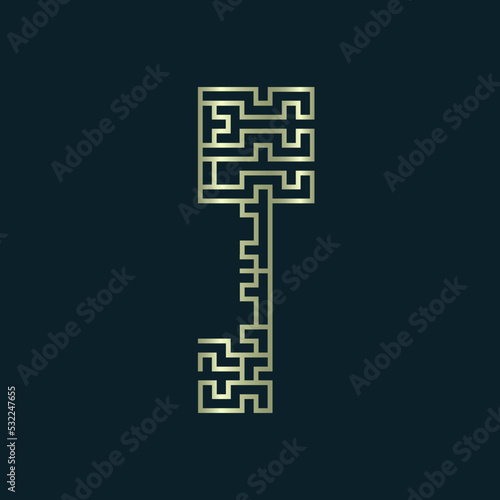 Maze, labyrinth royal key logo.Decorative, ornamental style icon isolated on dark background.Real estate, property rental, old house related symbol.Vector sign.Gold color illustration.