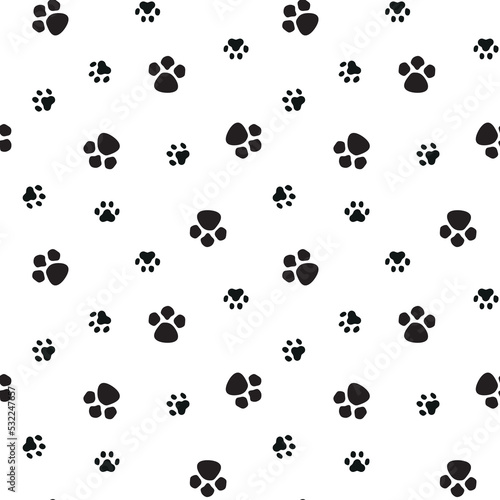 Animals paws prints seamless pattern. Cute black footprints shape on white background. Print for textiles and wallpaper. Vector illustration.