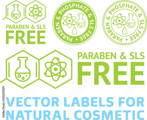 Vector eco labels set for natural cosmetics, paraben and sls free photo