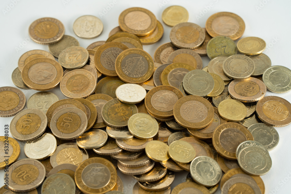 pile of turkish coins at white background pile of turkish coins at white background