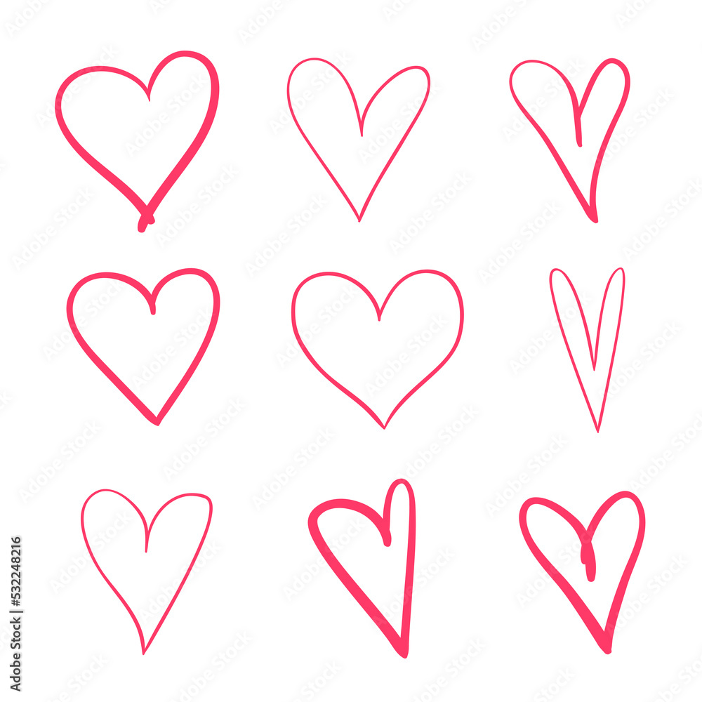 Colorful trendy hearts on isolated white background. Hand drawn set of love signs. Unique grungy signs for design. Line art creation. Colored illustration. Elements for poster or flyer