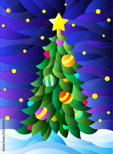 Illustration in stained glass style for the new year, decorated Christmas tree with decorations on a background of snow and starry sky