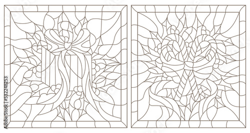 Set contour illustrations of the stained glass Windows on the theme of new year and Christmas with gift and candy
