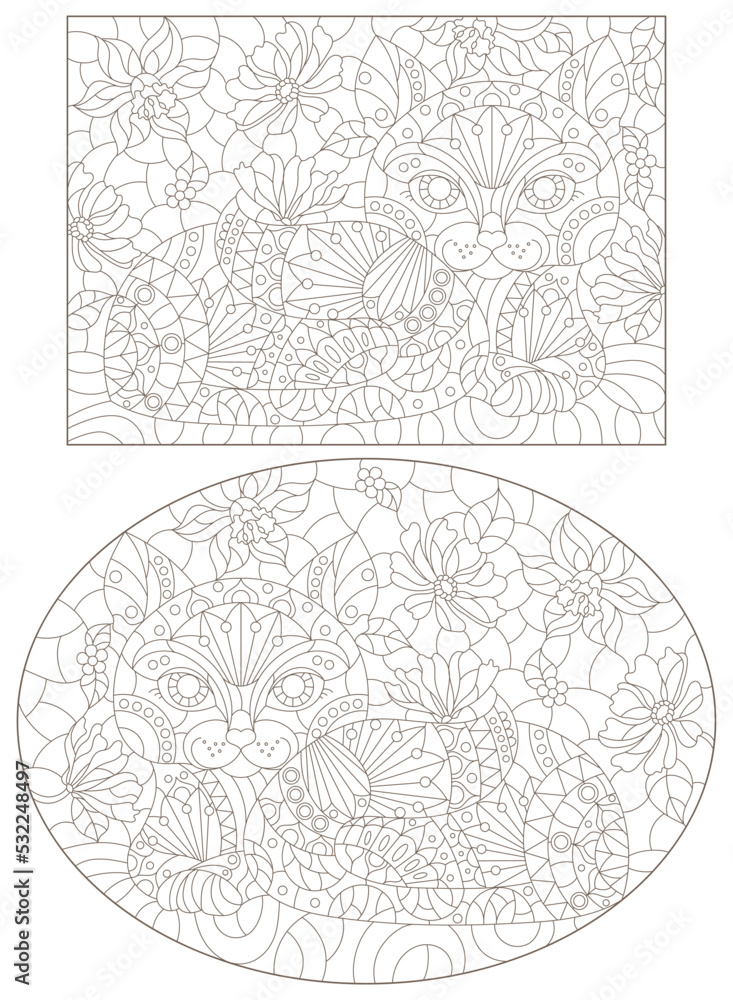 A set of contour illustrations of stained glass Windows with cats on a background of flowers, dark contours on a white background A set of contour illustrations of stained glass Windows with cats on a background of flowers, dark contours on a white background
