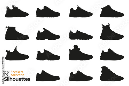 Set of isolated sneakers silhouettes for man and woman. Fashion elements. Dress shoes icons for designs.