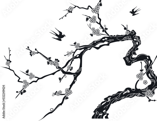 vector tree, sakura, swallows fly © Michael