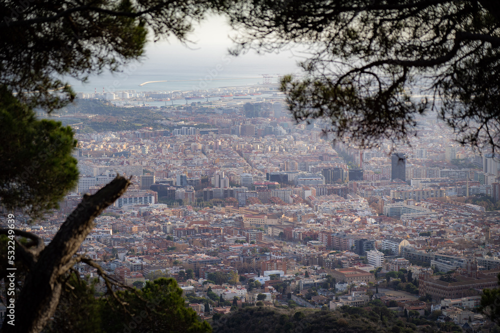 View of Barcelona City and sea from the forest on the hill. Vacation and travel concept