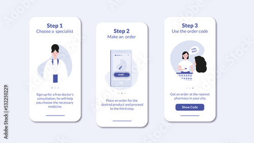 Family doctor main screens for the mobile application mobile online service set. Healthcare, modern medicine