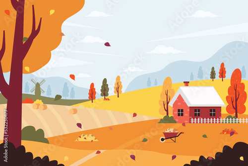 Autumn landscape with colorful trees, leaves, hills, houses and fields. Autumn background flat design style. 