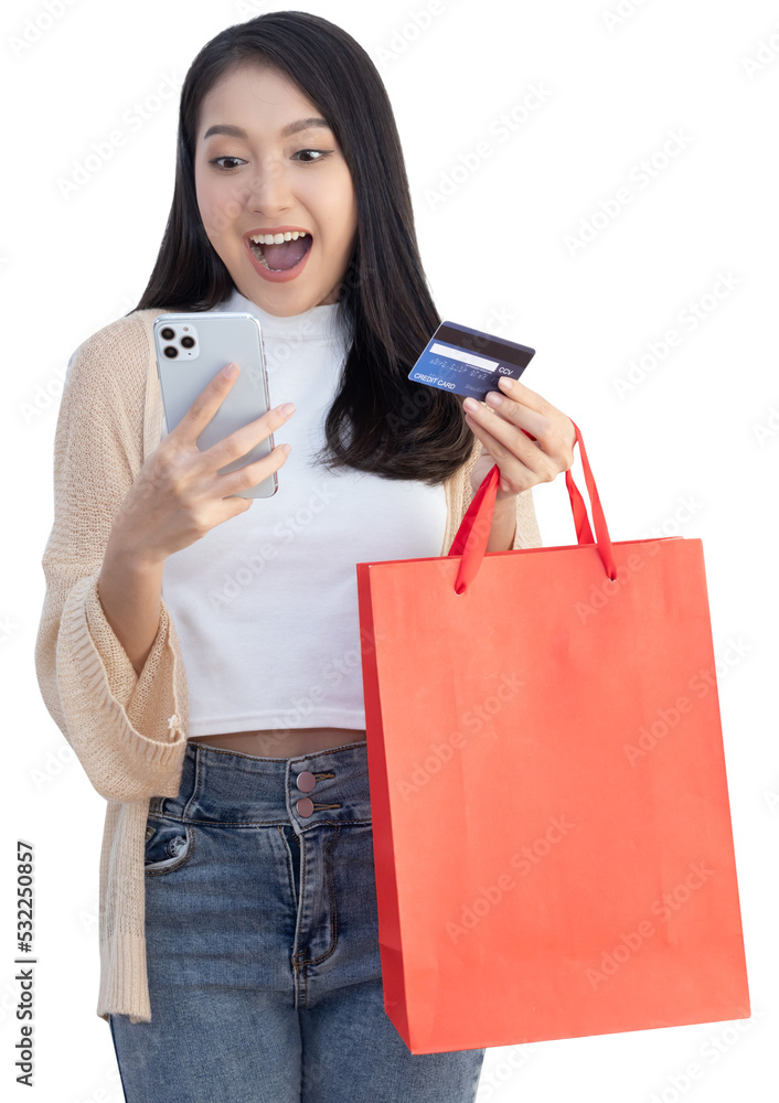 Woman Carrying Red Shopping Bag, Credit Card, Mobilephone with Happy Face Woman Carrying Red Shopping Bag, Credit Card, Mobilephone with Happy Face