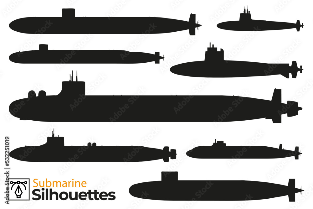 Collection of isolated silhouettes of submarines.