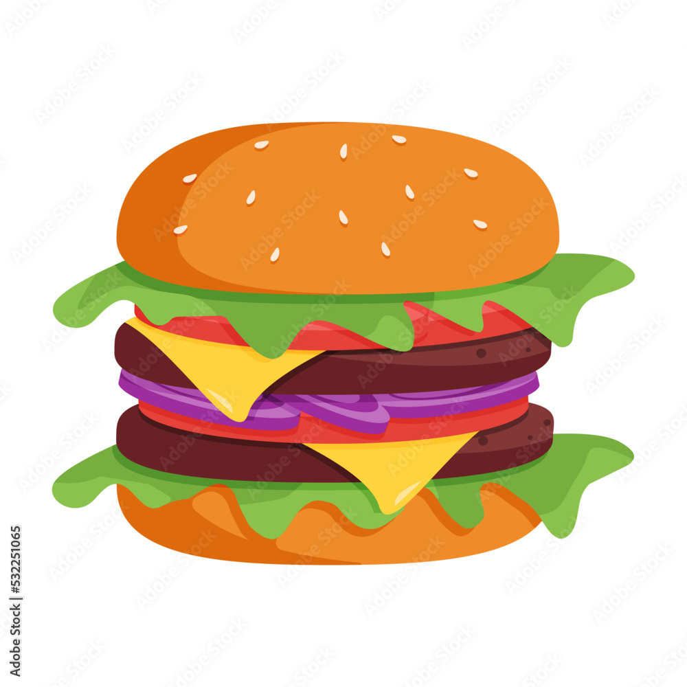 Double cheeseburger or burger . Flat Vector illustration icon. juicy bright cheeseburger isolated on white background. fastfood Double cheeseburger or burger . Flat Vector illustration icon. juicy bright cheeseburger isolated on white background. fastfood