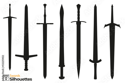 Collection of isolated silhouettes of different medieval and fantasy swords.