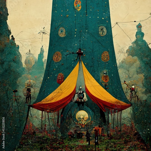 3D rendering of a funfairs full of a colorful tent inside the festival