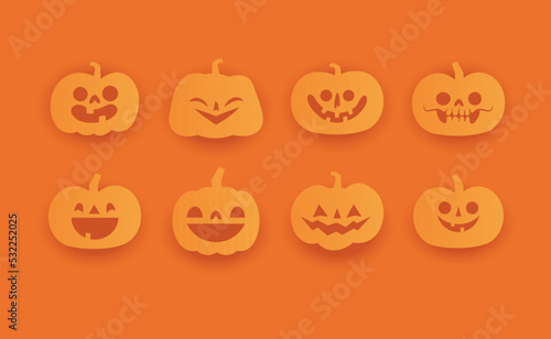 Set of Halloween carved pumpkins. Flat style, vector cute spooky design.