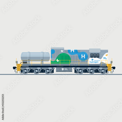 A hydrogen-fueled locomotive. Side view. Vector illustration. Vector illustration
