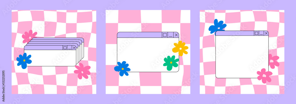 Set of social media post templates in retrowave kidcore aesthetic. Vector illustration with retro computer windows and hippie daisy flowers. Square backgrounds in y2k, 00s, 90s style