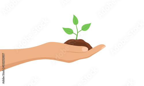 A hand holding a seedling in the soil, isolated on a white background. Flat vector illustration