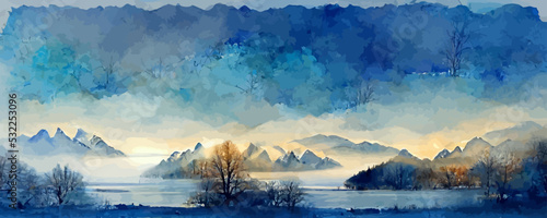 watercolor art background with mountains and hills