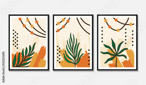 Botanical wall art vector set. Floral and Foliage line art drawing with abstract shape. Abstract Plant Art design for print, cover, wallpaper, Minimal and natural wall art. Vector illustration.