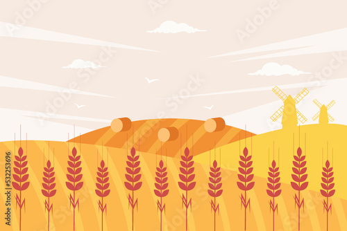 Wheat field autumn background. Vector illustration flat design style.