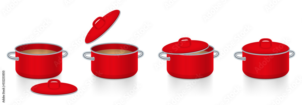 Saucepot with lid, put away, take of, slightly open, and covered. Red enamel cooking pots with different uses of the lid to save energy and to cook faster. Isolated vector on white background.
Saucepot with lid, put away, take of, slightly open, and covered. Red enamel cooking pots with different uses of the lid to save energy and to cook faster. Isolated vector on white background.