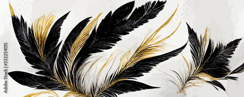 Photographie luxury black and white background with golden feathers