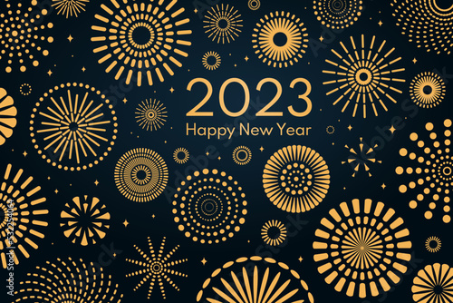 Golden fireworks 2023 Happy New Year, bright on dark background, with text. Flat style vector illustration. Abstract geometric design. Concept for holiday greeting card, poster, banner, flyer