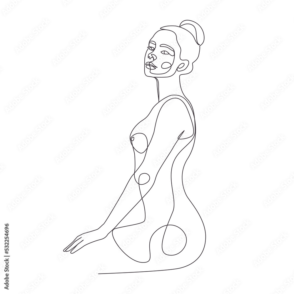 Woman sitting position linear drawing line art illustration artwork