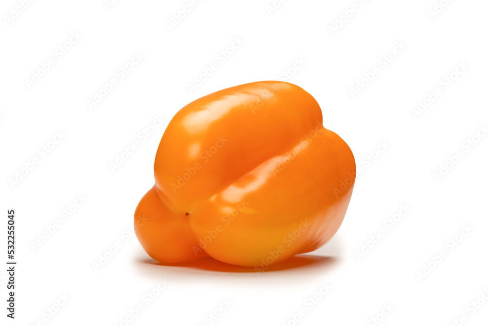 Orange bell pepper isolated on white background. Top view. Copy space. Orange bell pepper isolated on white background. Top view. Copy space.