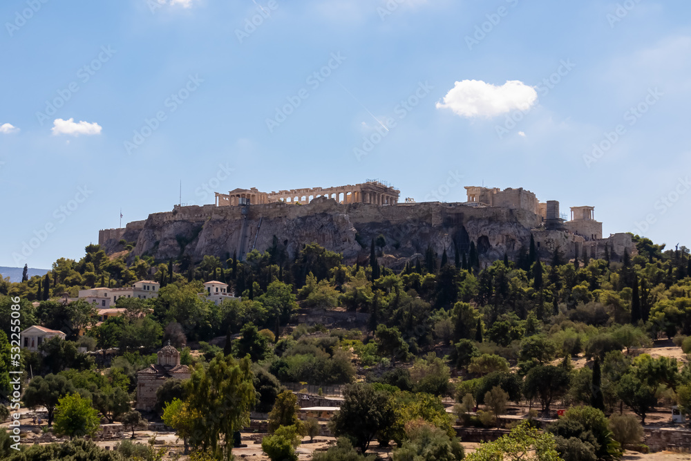Panoramic view of the Acropolis seen from Areopagus Hill with the Propylaea to the foreground, Athens, Attica, Greece, Europe.Ruins of ancient temple, birthplace of democracy and civilization