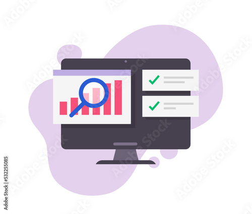 Research analysis graph diagram report on computer report vector icon, audit finance sales data growth online graphic illustrated, digital kpi finance analytics chart image