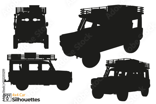 Collection of isolated 4x4 car silhouettes.