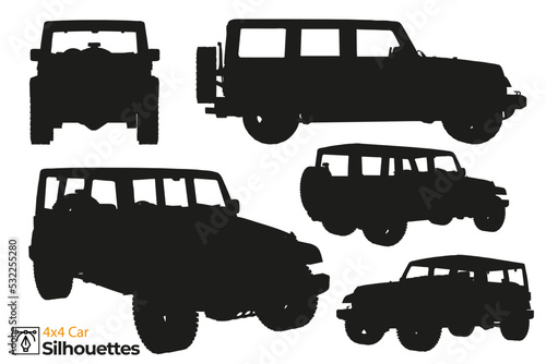 Collection of isolated 4x4 car silhouettes.