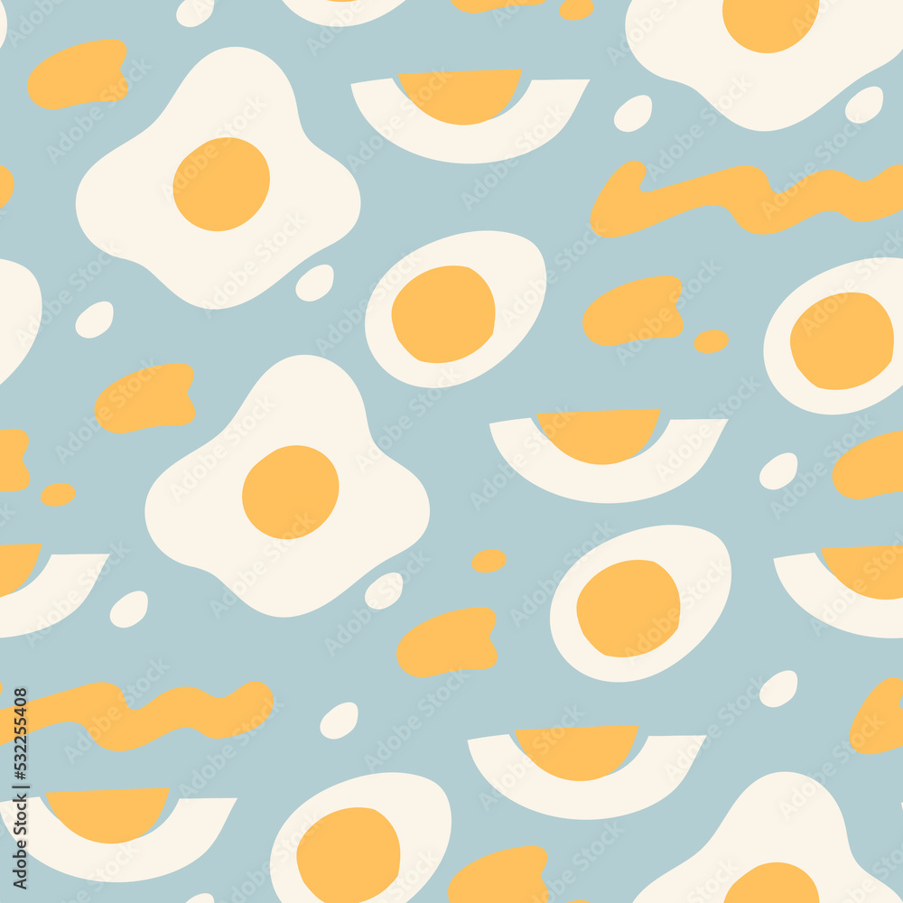 Abstract chicken Eggs. Boiled and fried eggs. Breakfast, organic farm food concept. Poultry production. Hand drawn Vector illustration. Square seamless Pattern. Colorful background