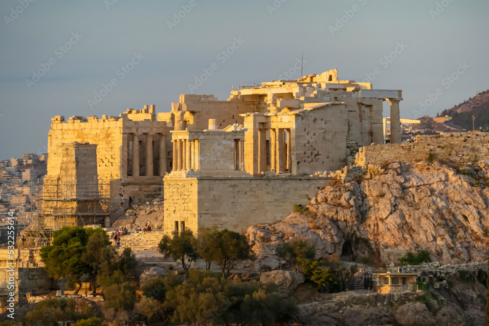 Panoramic view during sunset of the Parthenon of the Acropolis seen from Filopappou Hill, Athens, Attica, Greece, Europe. Ruins of Ancient Greek temples, birthplace of democracy and civilization
