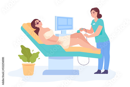 Beautician removing hairs on legs of woman with IPL machine. Laser hair removal treatment flat vector illustration. Cosmetology, beauty salon concept for banner, website design or landing web page