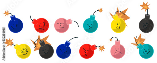 Bomb character set. Round weapon mascot with funny emotions and faces. Explosive emotion collection with fetel and eyes. Isolated on white background expression dynamite vector illustration concept photo