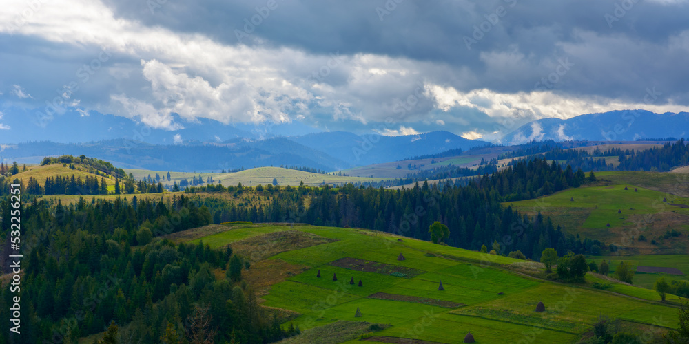mountainous countryside landscape in september. rural fields and forest on the hills rolling in to the distant ridge. wonderful nature scenery on a cloudy weather day in dappled light mountainous countryside landscape in september. rural fields and forest on the hills rolling in to the distant ridge. wonderful nature scenery on a cloudy weather day in dappled light