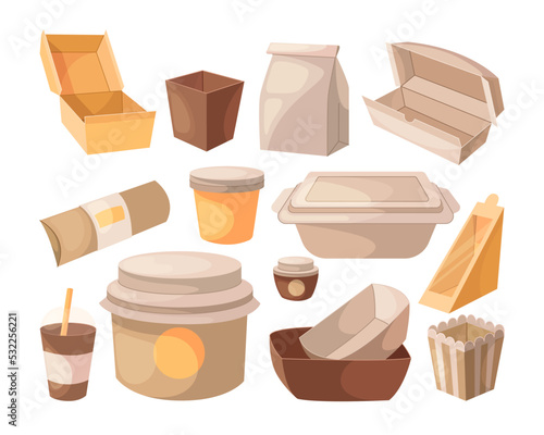 Carton cups and boxes with takeout food vector illustrations set. Cartoon drawings of cardboard containers, paper bags for lunch isolated on white background. Food delivery, takeaway concept