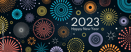 Colorful fireworks 2023 Happy New Year, bright on dark background, with text. Flat style vector illustration. Abstract geometric design. Concept for holiday greeting card, poster, banner, flyer