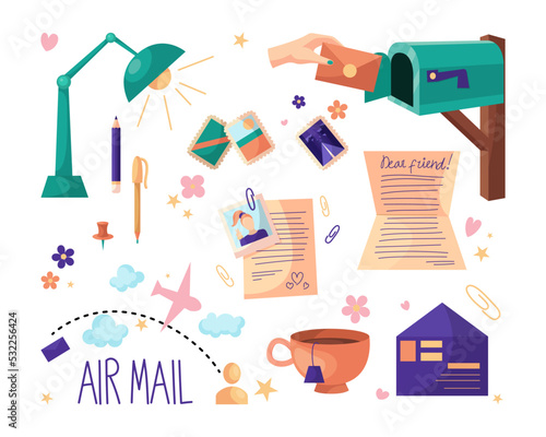Cute vintage pen friend elements vector illustrations set. Cartoon drawings of letters with stamps, photo of girl on paper, tea, stars, flowers. Communication, love, correspondence, air mail concept