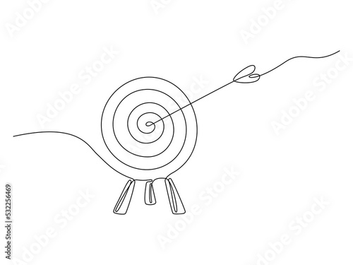 Target with arrow continuous line drawing. Hand drawn linear goal circle. Business strategy concept. Vector illustration isolated on white.