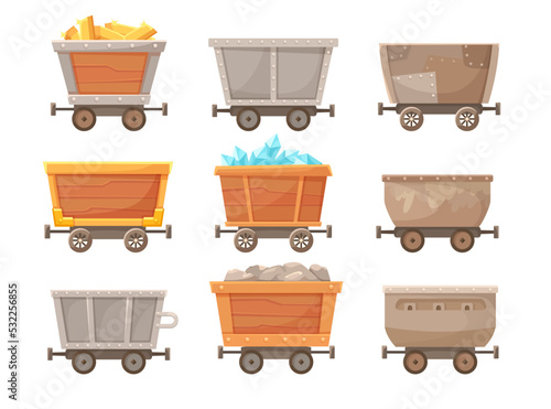 Wooden or metal carts or trolleys vector illustrations set. Cartoon drawings of mine carts with gold, crystals and stones or coal isolated on white background. Mining industry concept