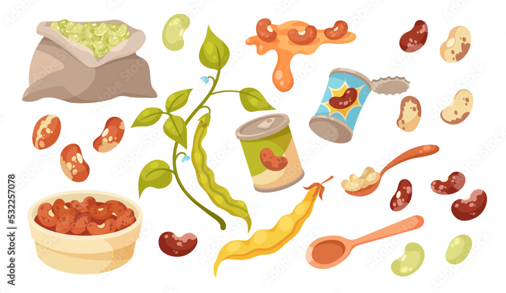 Beans in bag, container or can vector illustrations set. Cartoon