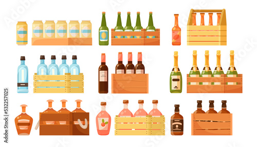 Wooden crates with alcoholic drinks vector illustrations set. Cartoon drawings of beer cans, wine bottles, vodka, champagne, whiskey isolated on white background. Alcohol, beverage concept