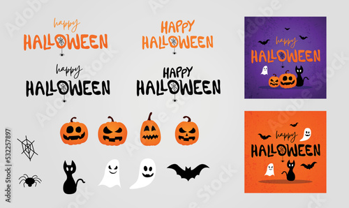 happy halloween bat pumpkin ghost spider black cat purple orange elements