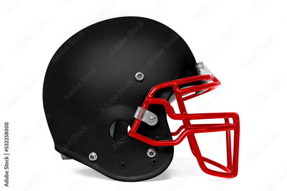 A side view of a black & red American football helmet with a transparent background. A side view of a black & red American football helmet with a transparent background.