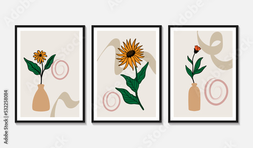 Set of trendy minimalist botanical vector illustration as abstract line art composition with leaves, ideal for art gallery, modern wall art poster, minimal interior design